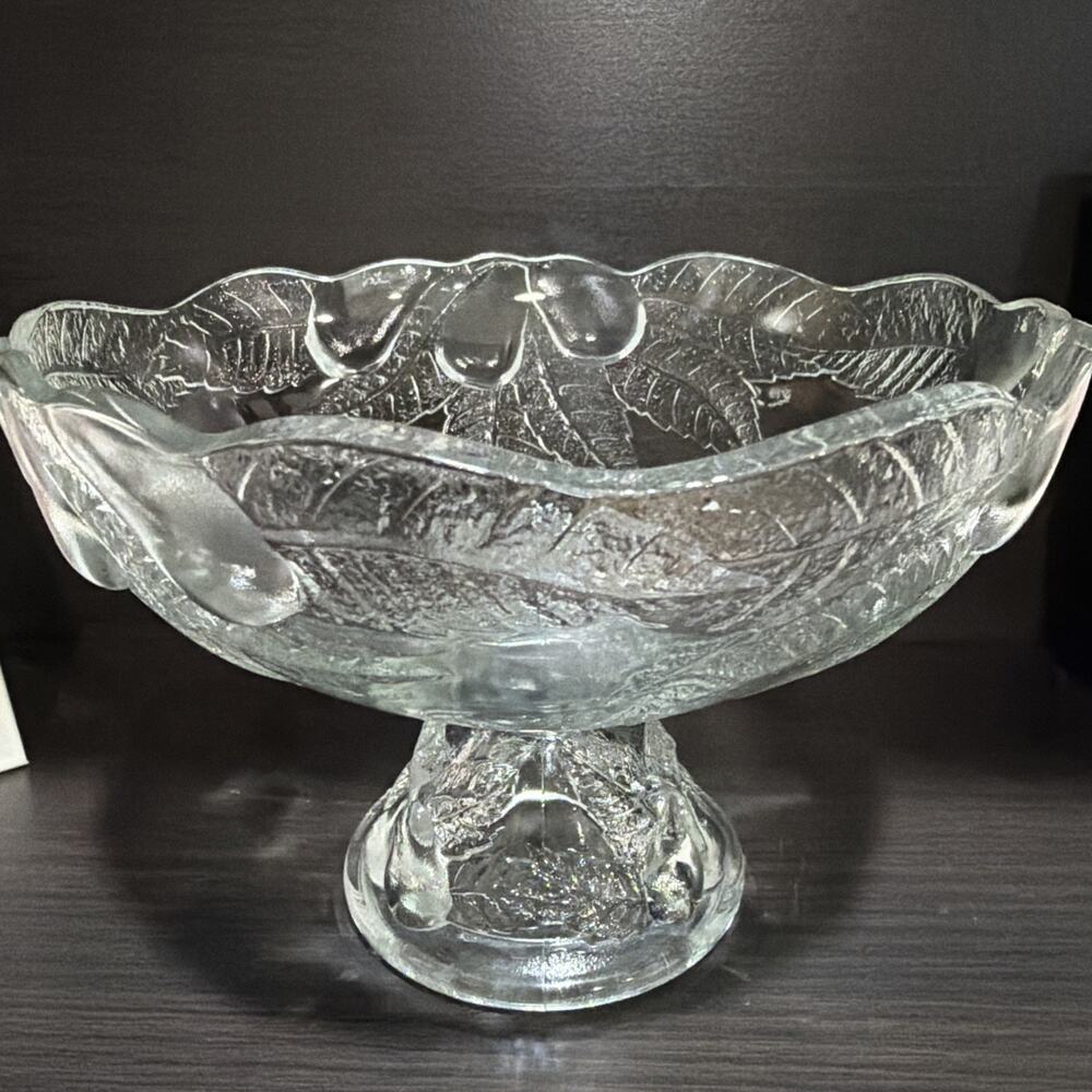 Vintage Teleflora 1985 Pressed Glass Pedestal FRUIT BOWL, Pear Leaf Discontinued
